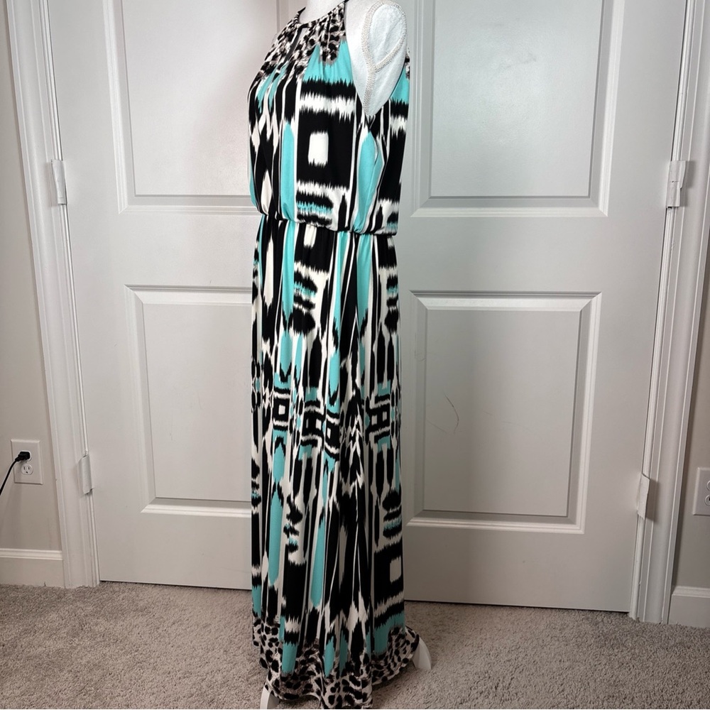 London Style Collection Geometric Ikat Leopard Print Maxi Dress Teal Black Sz 12 - Picture 5 of 11